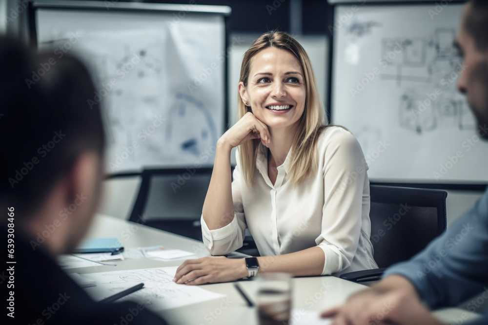 Portrait of young business woman during meeting in office - Generative AI Portrait of young business woman during meeting in office - Generative AI