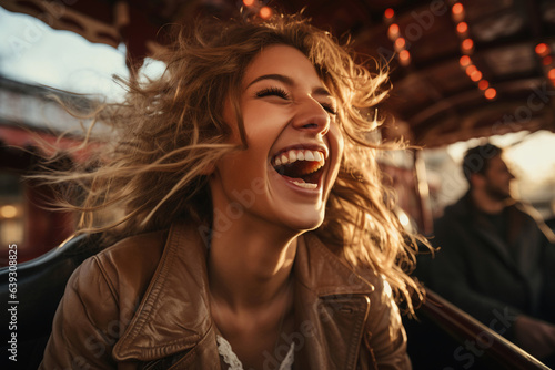 Beautiful happy young woman smiling on a carousel at Luna Park - Generative AI