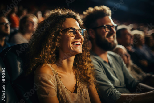Cheerful couple in love watching movie in cinema - Generative AI