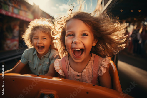 Two beautiful happy children enjoying on roller coaster at Luna Park - Generative AI