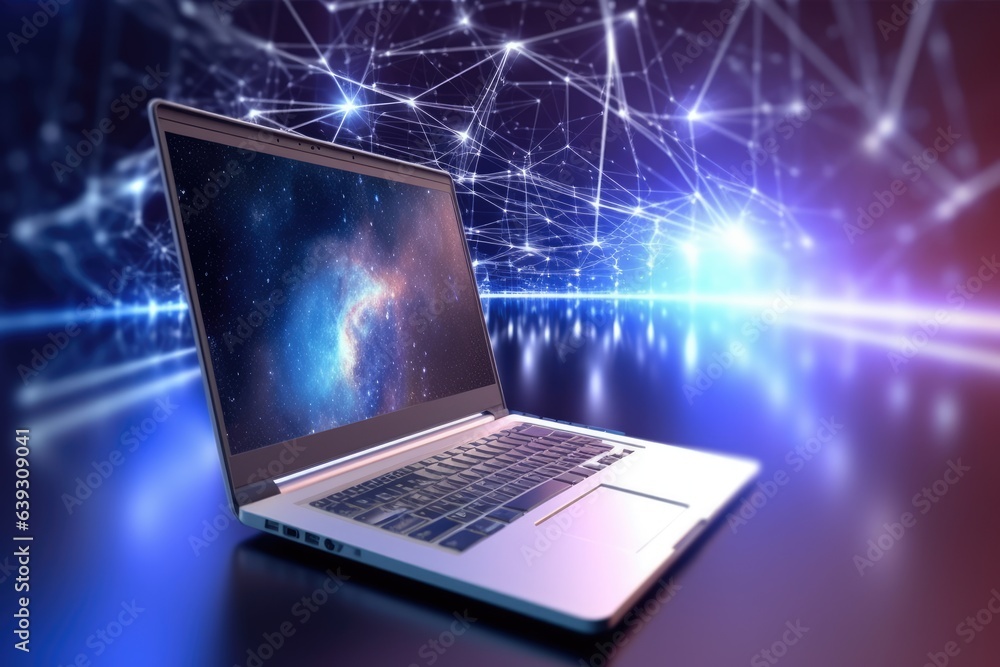 Modern laptop caught in the swirling vortex of data nanotechnology and artificial intelligence Modern laptop caught in the swirling vortex of data nanotechnology and artificial intelligence