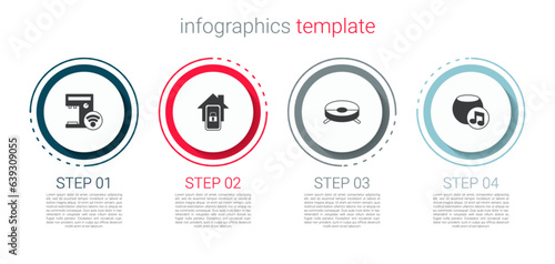 Set Smart coffee machine, Mobile with smart home, Robot vacuum cleaner and Voice assistant. Business infographic template. Vector