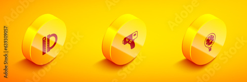 Set Isometric Protractor and ruler, Digital thermometer and Pressure water icon. Vector