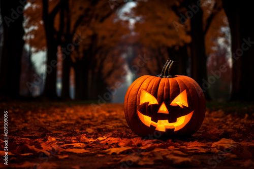 Jack-O-Lantern lit up on spooky autumn street ready for Halloween