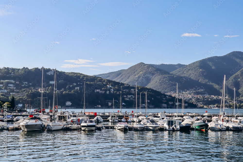 Como, Italy - August 8, 2023: Port near the town of Como in Italy on the lake of the same name