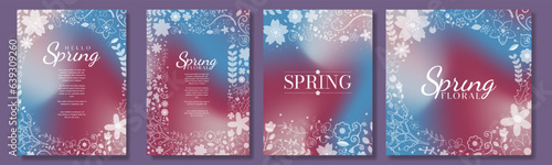 Floral Spring Design Templates on colorful gradient backgrounds. Flower spring time design, soft white elements. Poster, Banner, Card, a4 letter. Editable Vector Illustration. EPS 10.
