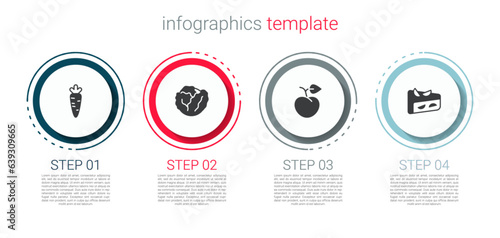 Set Carrot, Cabbage, Peach fruit or nectarine and Homemade pie. Business infographic template. Vector