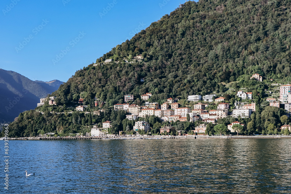 Como, Italy - August 8, 2023: View of the town of Como in Italy on the lake of the same name
