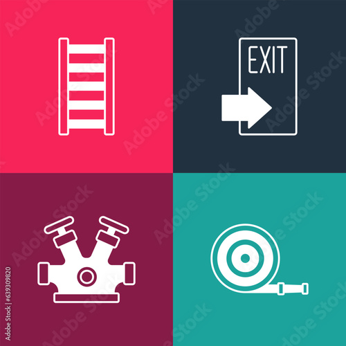 Set pop art Fire hose reel, hydrant, exit and escape icon. Vector
