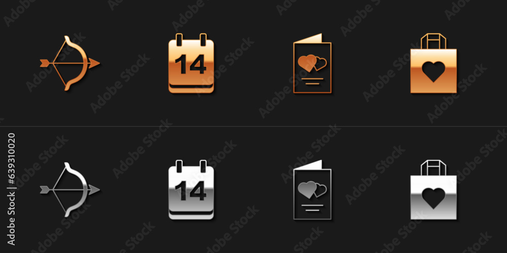 Set Bow and arrow, Calendar with February 14, Valentines day flyer and Shopping bag heart icon. Vector Set Bow and arrow, Calendar with February 14, Valentines day flyer and Shopping bag heart icon. Vector