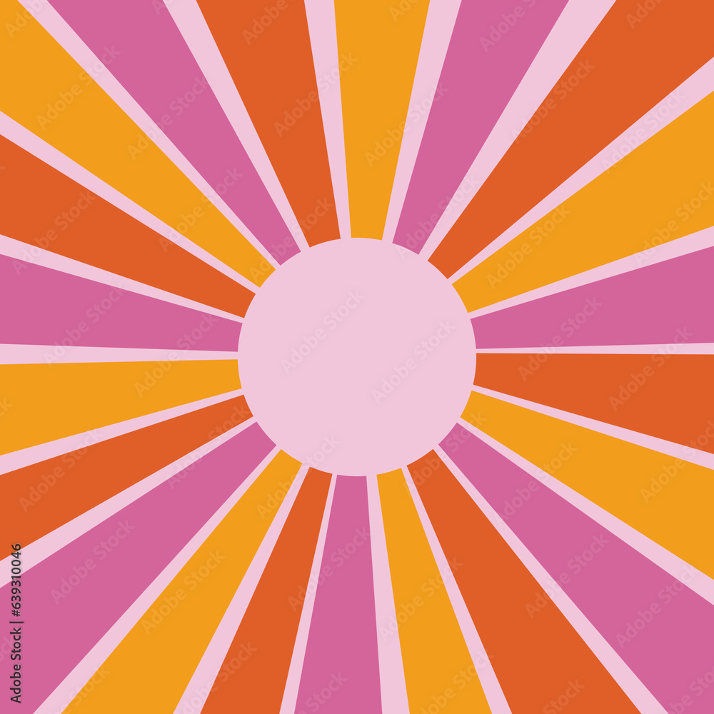 Let the sunshine in retro style illustration with colorful (orange, yellow, pink) sun rays on pastel pink background for summer lovers Let the sunshine in retro style illustration with colorful (orange, yellow, pink) sun rays on pastel pink background for summer lovers