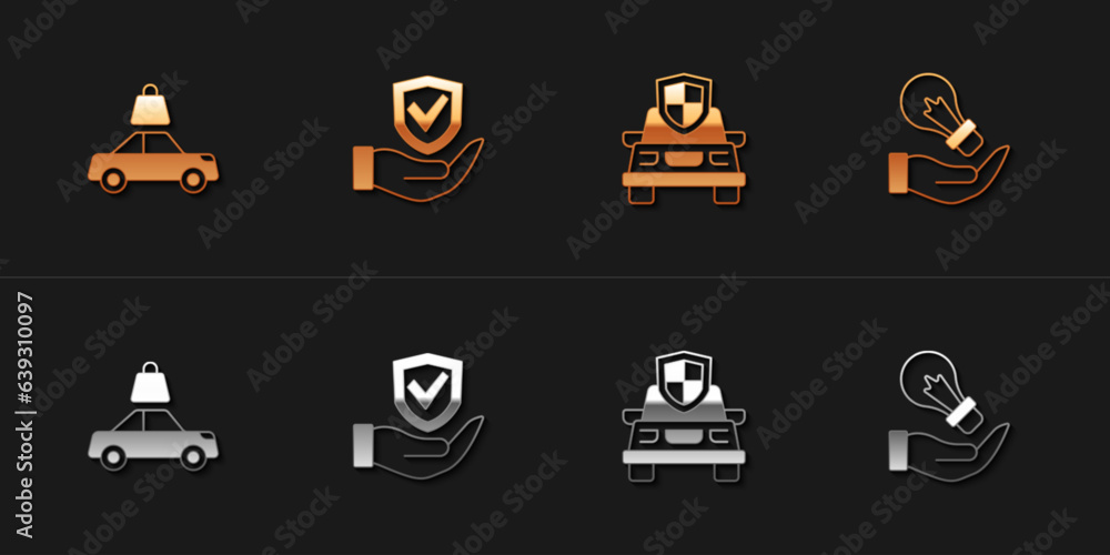 Set Car insurance, Shield hand, and Light bulb icon. Vector Set Car insurance, Shield hand, and Light bulb icon. Vector