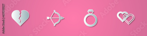 Set paper cut Broken heart or divorce, Bow and arrow, Wedding rings and Two Linked Hearts icon. Paper art style. Vector