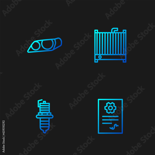 Set line Auto service check automotive, Car spark plug, headlight and radiator cooling system. Gradient color icons. Vector