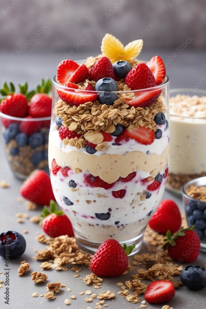 Yoghurt Parfait with strawberries, blueberries, raspberries and Granola