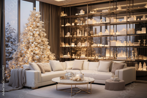 Christmas tree with decorations underneath in a modern chic apartment. AI generated