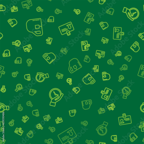 Set line Cup of tea with tea bag, Clock and Identification badge on seamless pattern. Vector