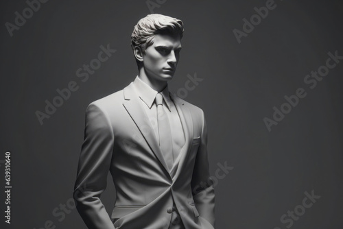Antic statue wearing suit on gray background. AI generated