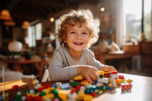 Beautiful happy boy playing with bricks - Generative AI