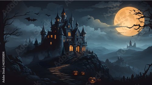 Obraz na płótnie Captivating haunted castle vector atop moonlit hill
