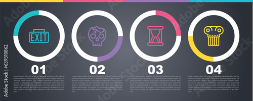 Set line Exit sign, Broken human skull, Old hourglass with sand and Ancient column. Business infographic template. Vector