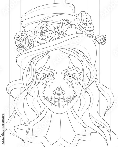 Halloween clown make-up. Coloring book for adults. Black and white illustration.