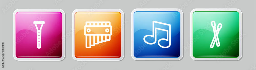 Set line Clarinet, Pan flute, Music note, tone and Drum sticks. Colorful square button. Vector Set line Clarinet, Pan flute, Music note, tone and Drum sticks. Colorful square button. Vector