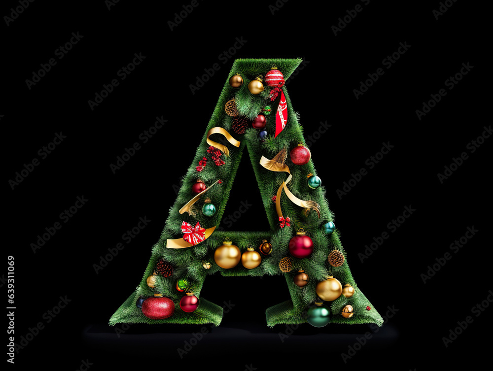 Christmas letter A design on a black background. English alphabet. Seasonal typography design.