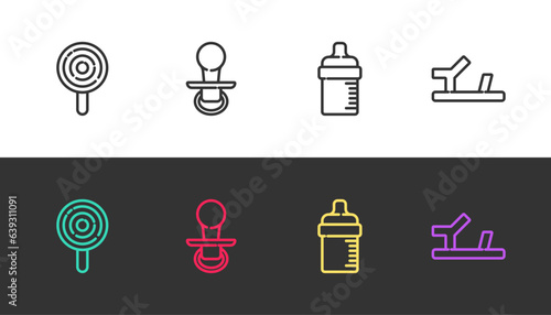 Set line Lollipop, Baby dummy pacifier, bottle and shoes on black and white. Vector