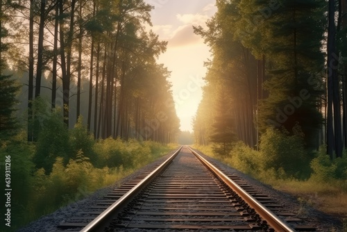 Forest trees along a railroad on an summer sunset.