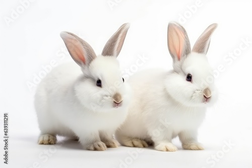 Front view of cute baby rabbits on white background