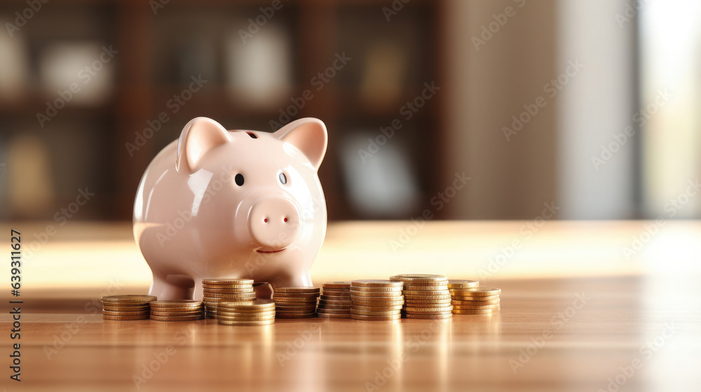 Generative AI, piggy bank and coins on the table, money, blurred background, savings, interest, bank deposit, savings account, saving money for a dream, space for text Generative AI, piggy bank and coins on the table, money, blurred background, savings, interest, bank deposit, savings account, saving money for a dream, space for text