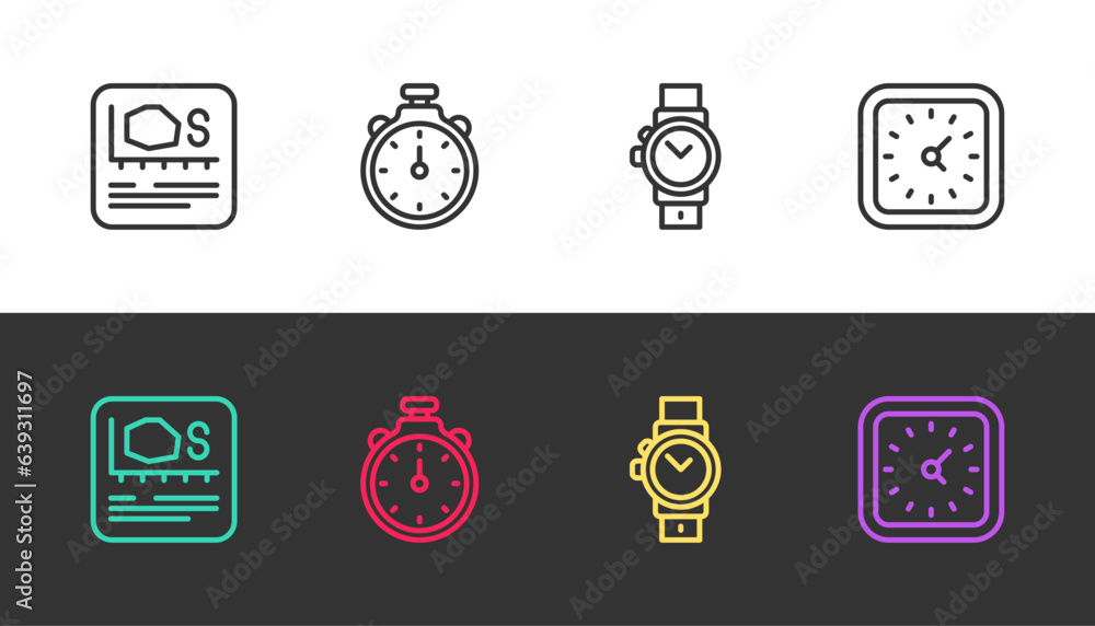 Set line Area measurement, Stopwatch, Wrist and Clock on black and white. Vector Set line Area measurement, Stopwatch, Wrist and Clock on black and white. Vector