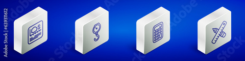 Set Isometric line Area measurement, Hand scale spring mechanical, Calculator and Crossed ruler pencil icon. Vector