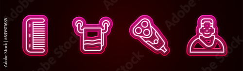 Set line Hairbrush, Towel on hanger, Electric razor blade and Client in barbershop. Glowing neon icon. Vector