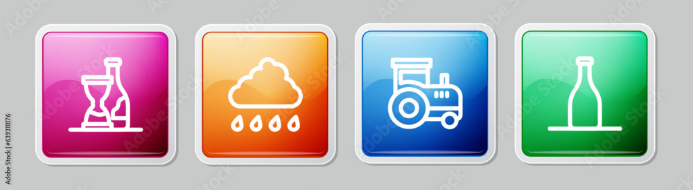 Set line Bottle of wine, Cloud with rain, Tractor and . Colorful square button. Vector Set line Bottle of wine, Cloud with rain, Tractor and . Colorful square button. Vector