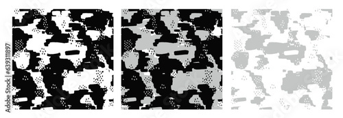 Leopard skin texture, Black white, and gray tones camo pattern, Urban Camouflage Background. Army Abstract Modern Military Pattern. Grey Pixel Fabric Textile Print for Uniforms and Weapons.