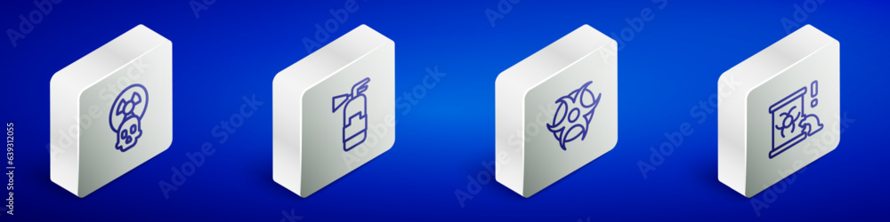 Set Isometric line Radioactive, Fire extinguisher, Biohazard symbol and waste barrel icon. Vector Set Isometric line Radioactive, Fire extinguisher, Biohazard symbol and waste barrel icon. Vector