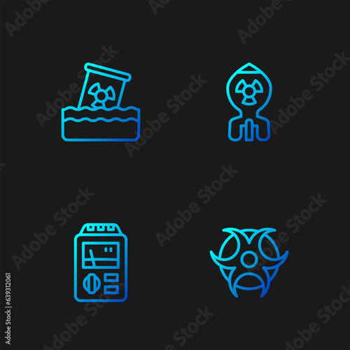 Set line Biohazard symbol, Dosimeter, Radioactive waste in barrel and Nuclear bomb. Gradient color icons. Vector