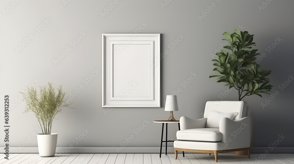Room interior with blank photo frame on wall Room interior with blank photo frame on wall