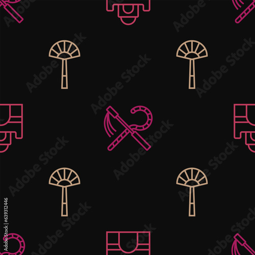 Set line Egyptian house, fan and Crook and flail on seamless pattern. Vector