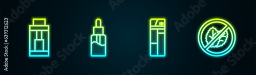 Set line Vape mod device, liquid bottle, Lighter and No tobacco leaf. Glowing neon icon. Vector