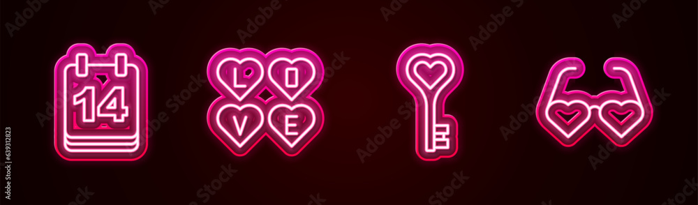 Set line Calendar with February 14, Love text, Key in heart shape and Heart shaped love glasses. Glowing neon icon. Vector Set line Calendar with February 14, Love text, Key in heart shape and Heart shaped love glasses. Glowing neon icon. Vector