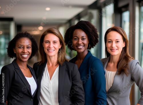 Group of four multi-ethnic business women looking at camera and smiling 