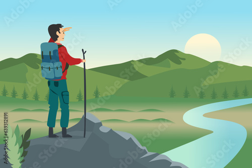 Man with backpack, traveler or explorer standing on top of mountain or cliff and looking on valley. Concept of discovery, exploration, hiking, adventure tourism and travel. Flat vector illustration.