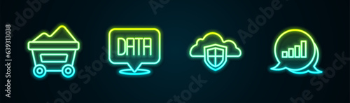 Set line Coal mine trolley, Data analysis, Cloud and shield and Pie chart infographic. Glowing neon icon. Vector