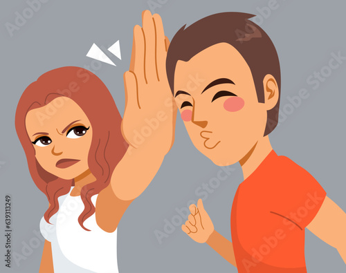 Vector illustration of woman rejecting with hand an annoying kissing man with no consent. Girl spurns man with disdain or contempt. Unrequited love