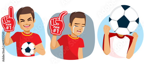 Collection of male character on various poses celebrating soccer victory and crying for losing. Football spectator obsessed with soccer