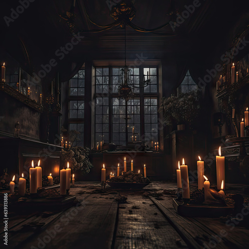 A spooky room with candles