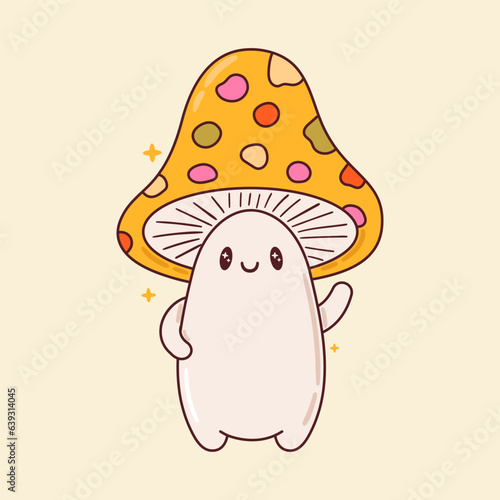 Vector illustration of cute abstract mushroom with face and hands. Adorable magic amanita character. Cartoon fairy tale fly agaric. Cottagecore print, clipart, card design